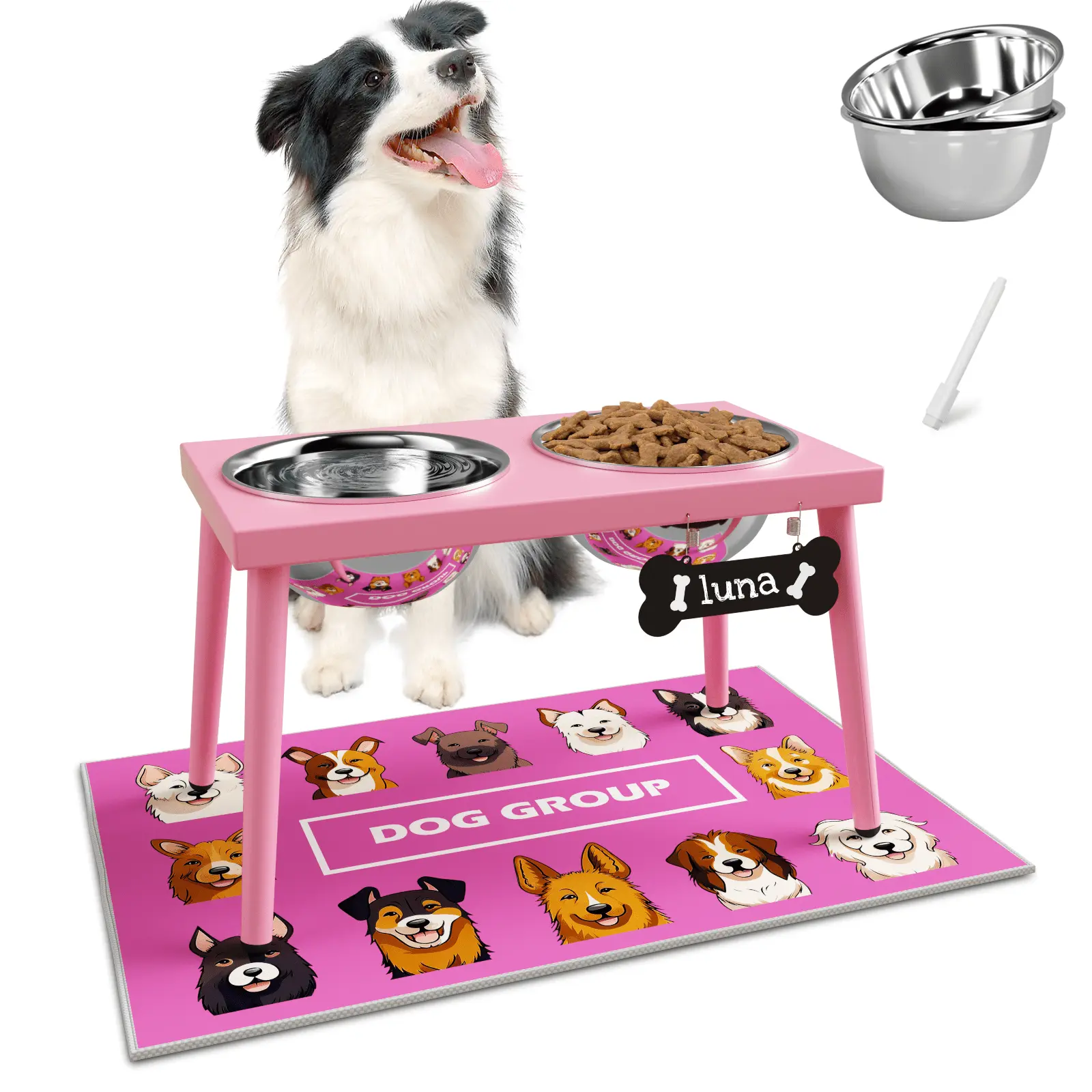 Elevated Dog Feeder Stand - 10.8in Height, Pink Metal, Customizable Nameplate, Waterproof Mat, 2 Bowls (1700ml Stainless Steel Each), Durable & Easy to Clean, Keeps Feeding Area Dry, Hassle-Free Feeding for Medium & Large Dogs
