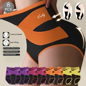QUASTI 8PCS High-Waisted Seamless Color Block Briefs for Women, Tummy Control & Hip-Lifting Shaping Panties, Soft & Breathable, Highly Elastic Fashionable Mix-Color Underwear, S-XXL