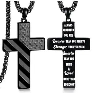 Patriotic Faith Cross Necklace for Boys US Flag Design with Bible Verse 316L Stainless Steel 22+2" Chain Ideal for Birthday Graduation Fathers Day