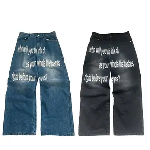 Wide-leg jeans for men and women featuring a lettered denim pattern in hip-hop street wear style, inspired by 2000s gothic fashion and casual aesthetics