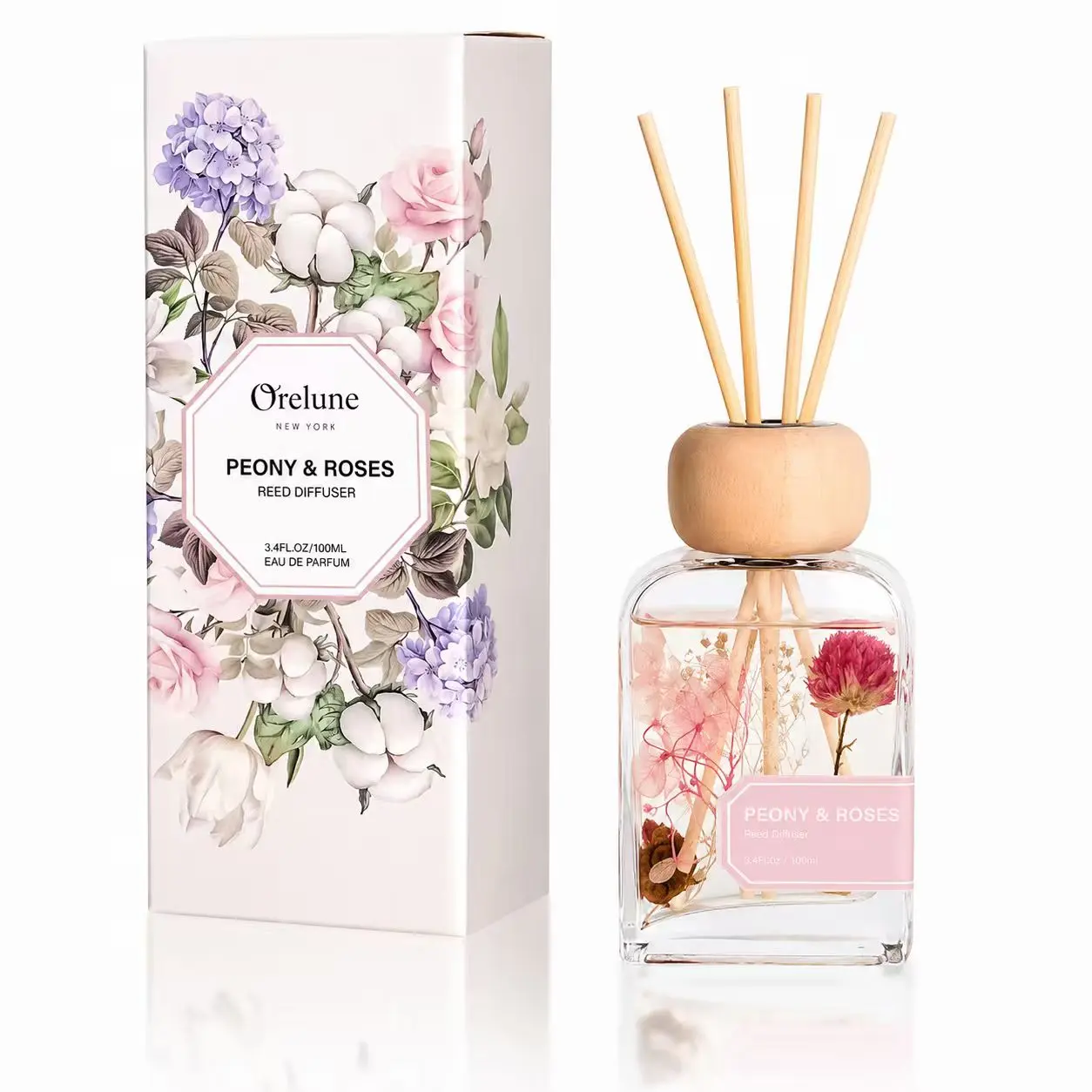 Orelune-Roses 3.4 fl oz Scented Reed Diffuser Single Set, Elegant Scented Oil Diffusers with Glass Bottle & Sticks, Home Fragrance Decor for Bathroom, Birthday & Anniversary Auspicious Gift