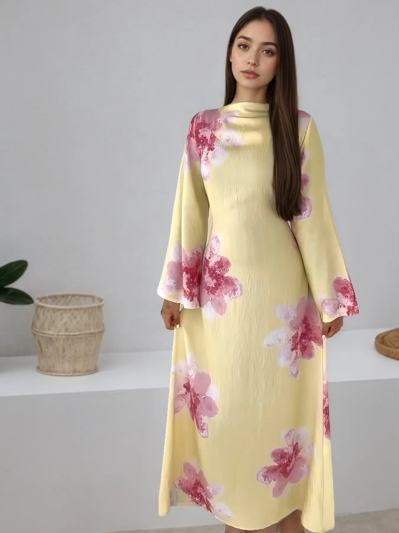 Floral Print Long Robe Dress for Women, Long Sleeve Elegant Design with External Tie Belt, Comfortable and Stylish for All Occasions