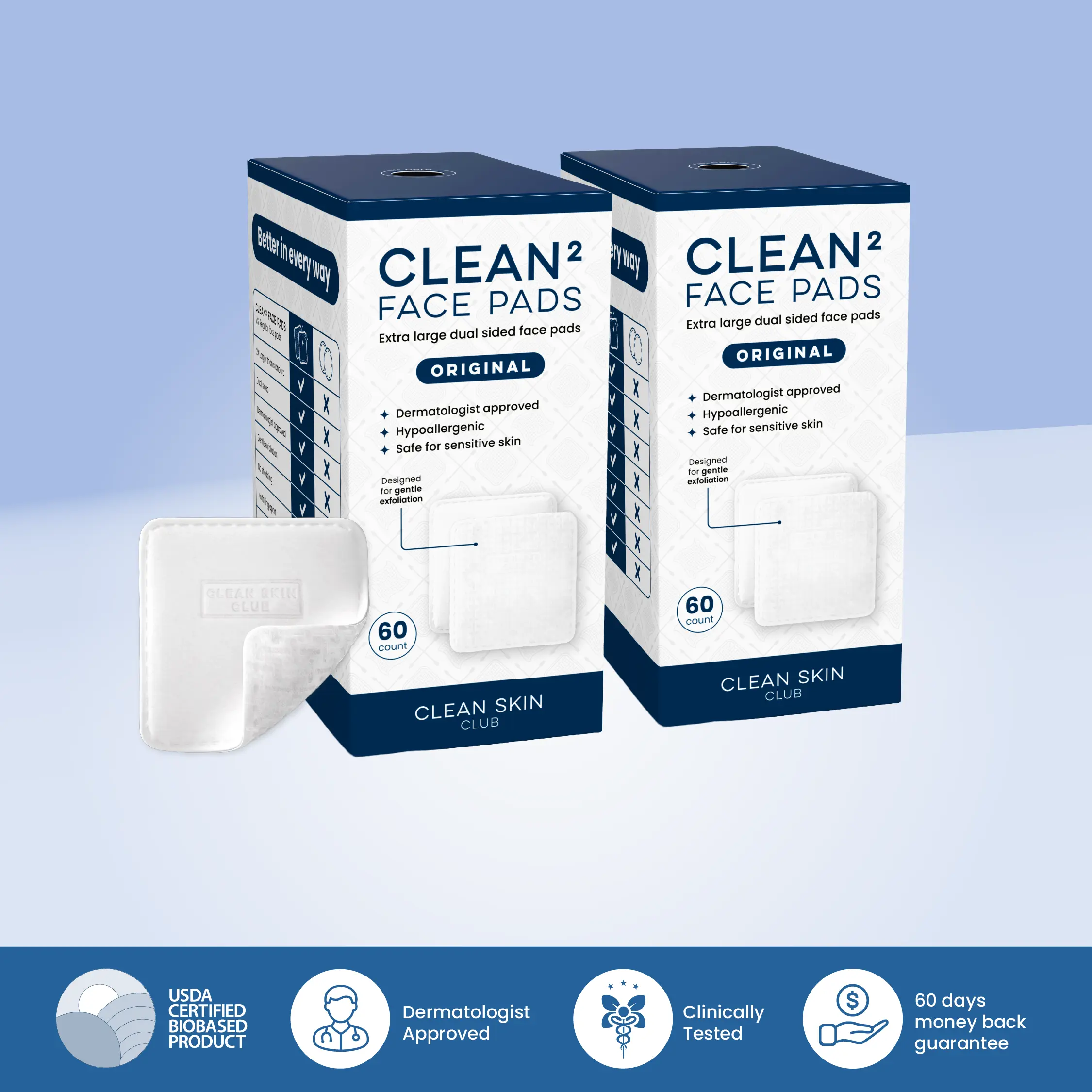 Clean Skin Club Clean² Pads 2.0 [New & Improved Edges] Guaranteed Not to Shed & Tear, Unique Triple Layers, Textured Side & Ultra Soft Side, Organic Disposable Cotton, Pair with Makeup Remover 2 Pack