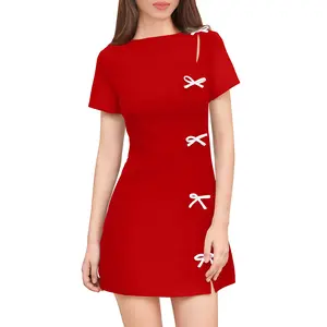 OYV Women's Summer Boat Neck Short Sleeve Elegant Y2k A Line Mini Dress