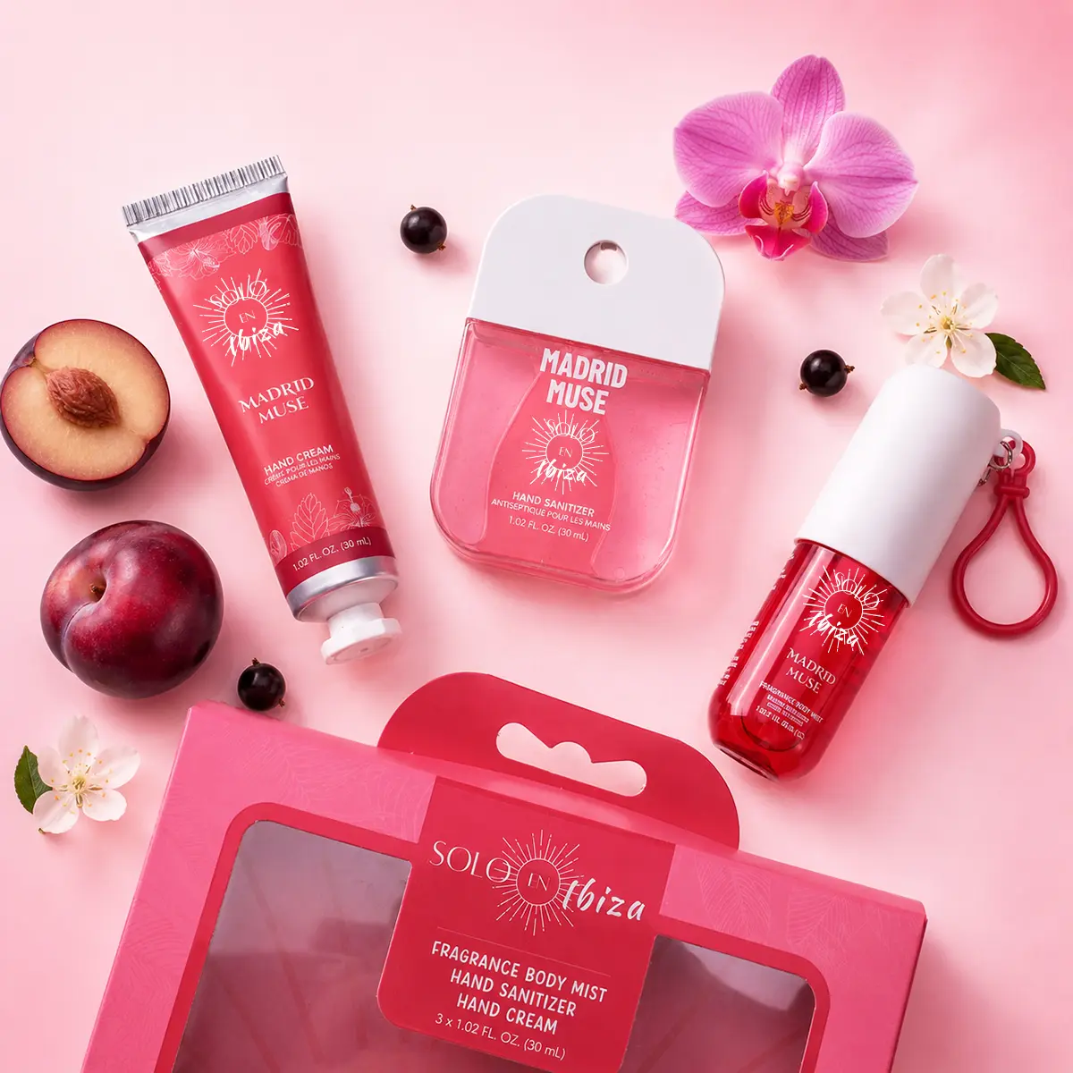 SOLO EN IBIZA Madrid Muse 3-in-1 Giftable Set, Softening Hand & Body Care Trio with Shea Cream, Mist & Sanitizer, Plum, Vanilla & Cassis Scent, 3 x 30mL, Fruit, Orchid, Travel Size, Absorbs Quickly, Travel Ready, Boxed Body Care Sets, Smooth, Scented