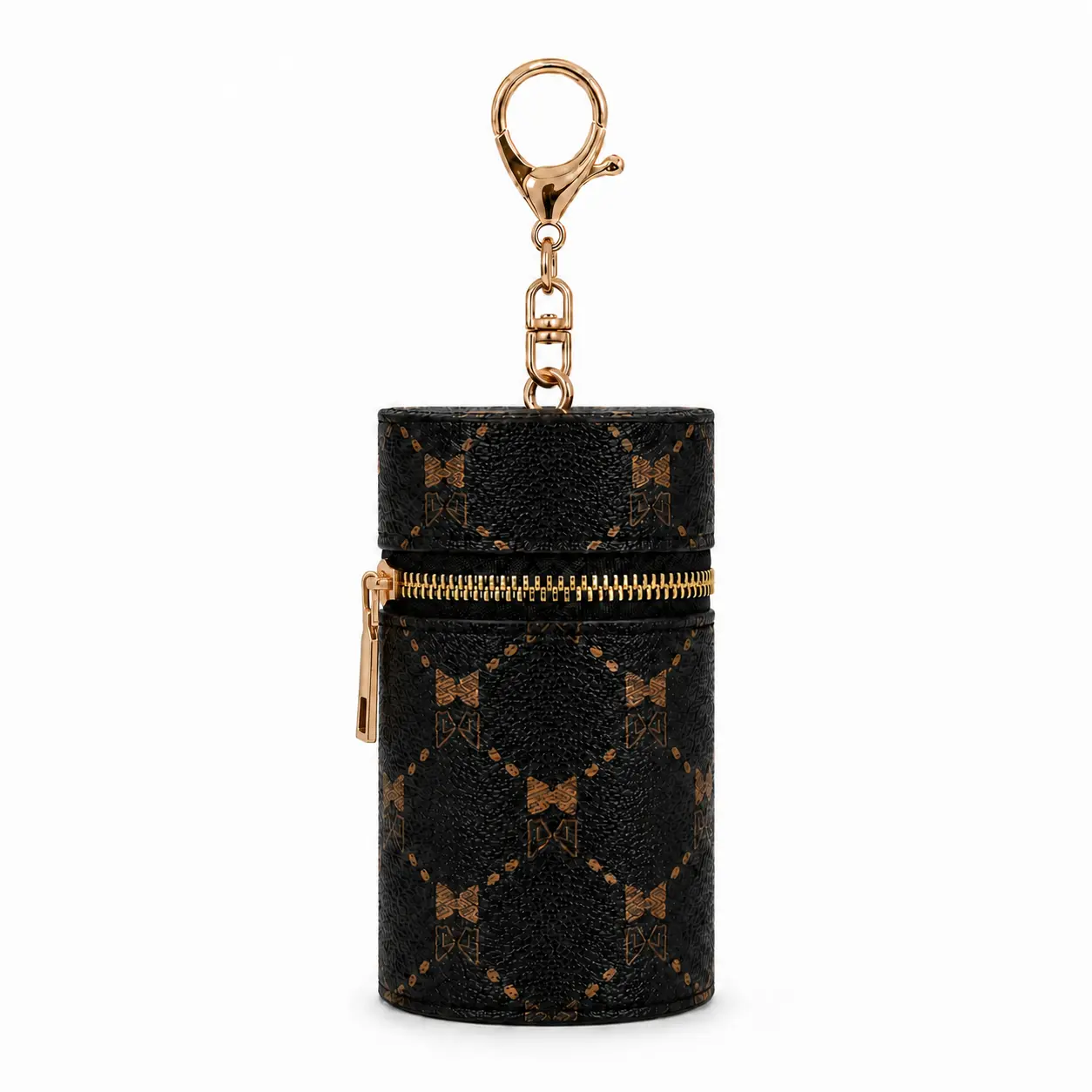Black & Brown Geometric PU Leather Lipstick Holder Keychain with Gold-Tone Clip, Mini Zipper Lip Balm Case and Small Travel Organizer for Purses, Handbags, Cosmetics, Pills, Coins and Daily Essentials bag storage makeup
