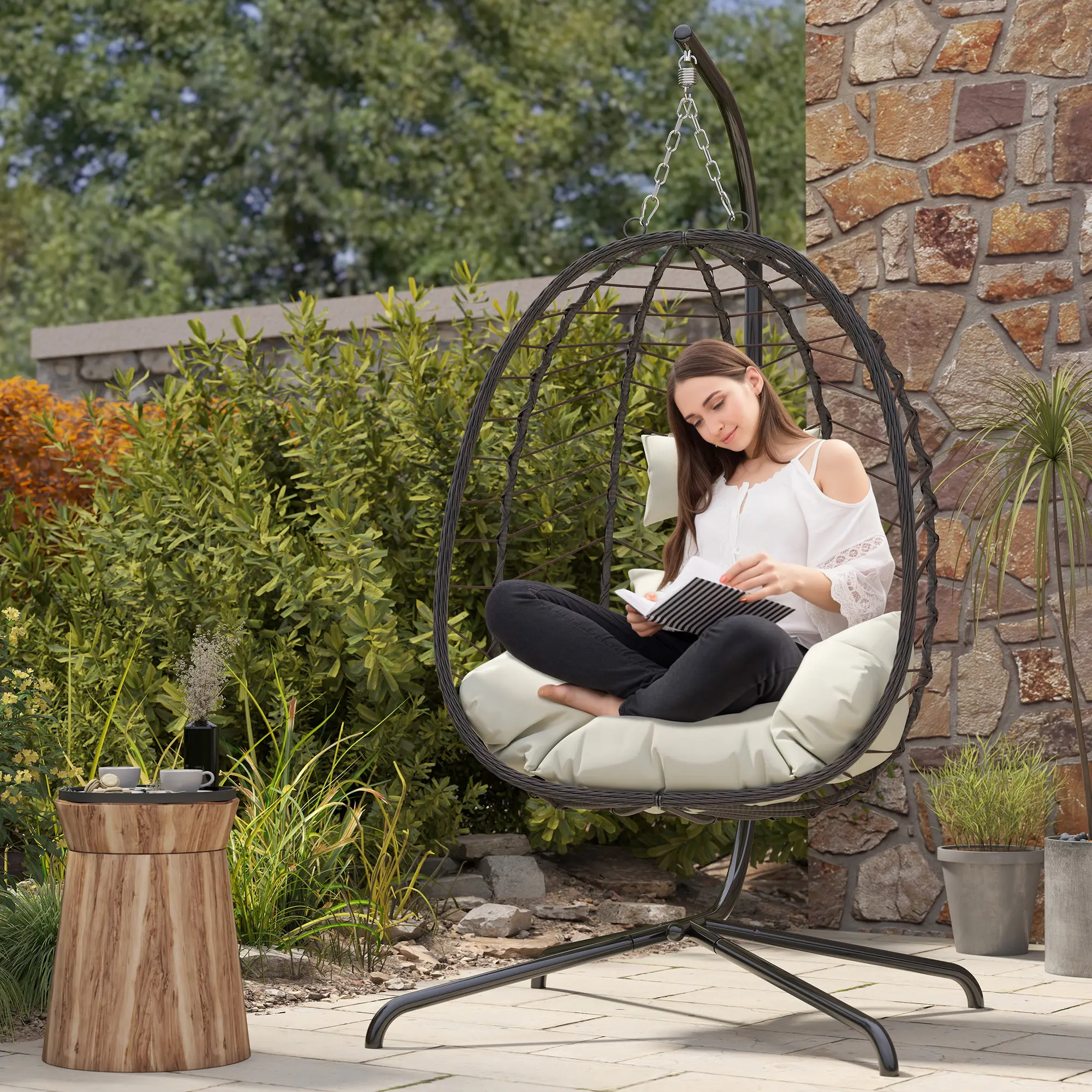LHBCRAFT（ 82"H）Hanging Egg Chair Outdoor with Stand, Indoor Wicker Hanging Egg Swing Chair with Cushion, 350lbs Capacity for Patio, Bedroom, Garden - Beige,Gray,