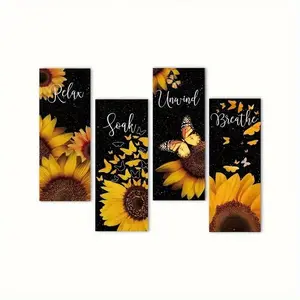 4 Piece Sunflower Butterfly Wooden Wall Decor, Modern Floral Bathroom Art with Inspirational Quotes, Reusable Self-Adhesive Ceramic Signs for Home and Kitchen