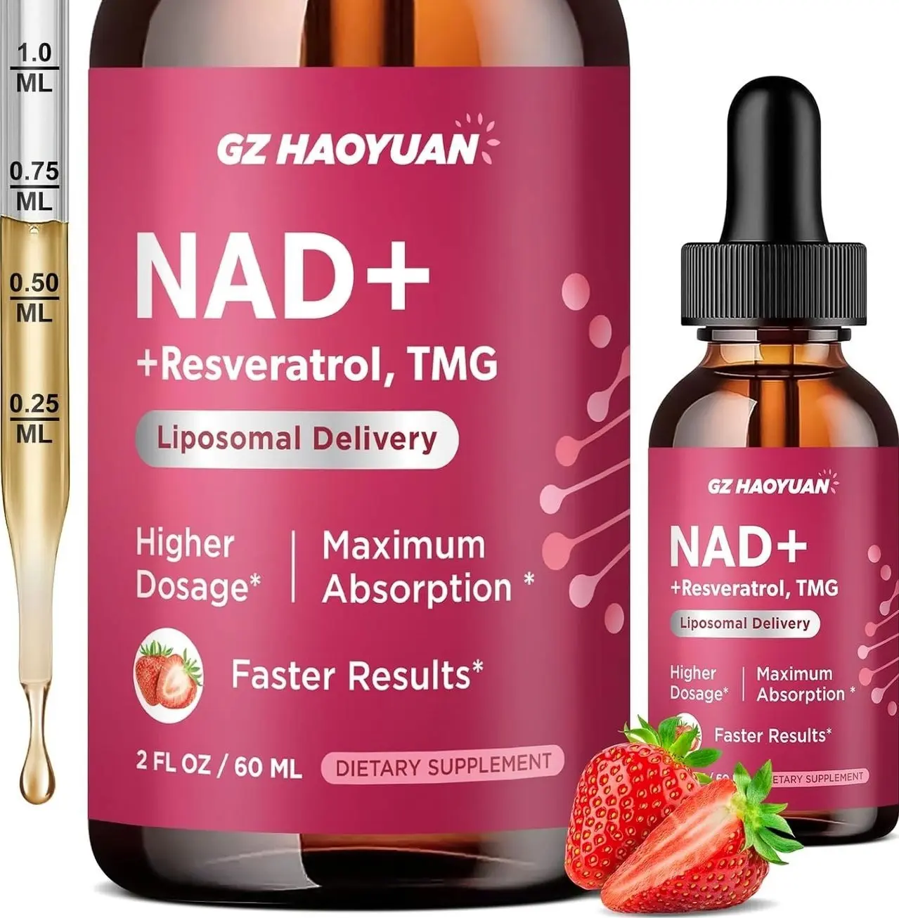 NAD Liquid Supplement for Women, Liposomal NAD+ Drops 1200MG with NAD Plus Resveratrol, Tmg, Quercetin, Anti-Aging, Cell Regeneration, Energy & Metabolism Support, Strawberry Flavor