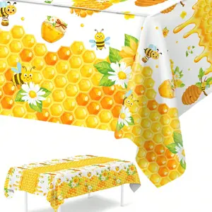 1Pc yellow Bee Disposable Tablecloth, Suitable For Spring Party, Birthday Party Decoration,  Yellow Bee Spring Theme Design Party Table Decor, Gender Reveal Decorative Tablecloth, Party Supplies, Newborn Baby Girl Party Decor, Spring Decoration