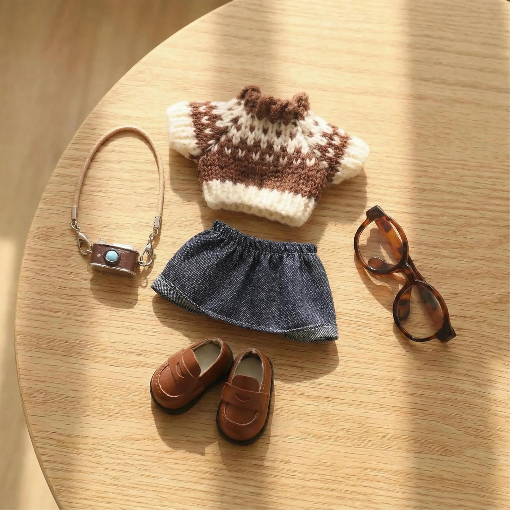 5 Piece Doll Clothes Set for 17cm La-Bubu Dolls, Includes Knit Sweater, Leopard Print Top, Vintage Camera Strap, Shoes & Pants, Doll Clothing Set, Doll Outfit