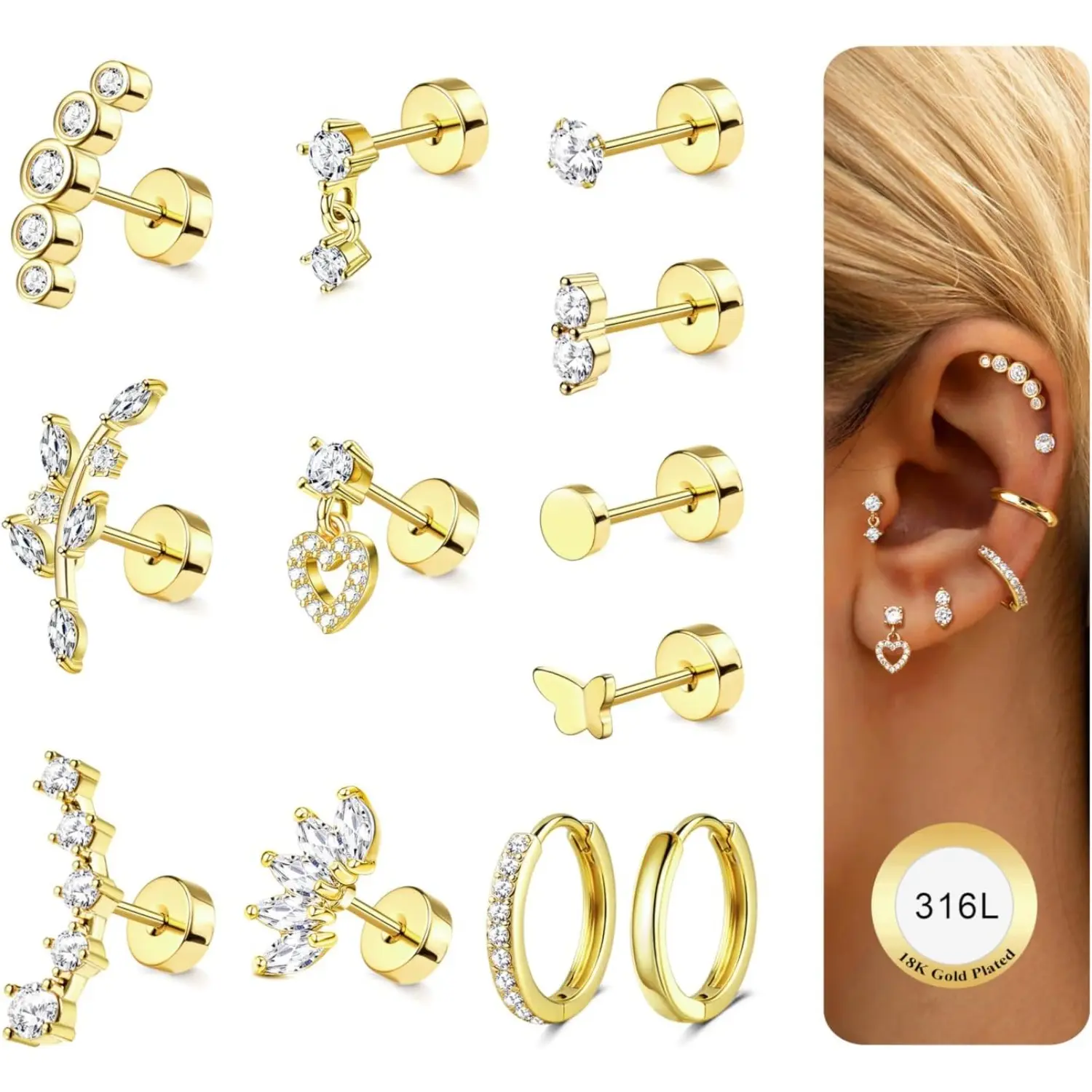 Milacolato 12Pcs 20G High Quality Hypoallergenic Surgical Steel Helix Piercing Jewelry - Screw Back Flat Back Stud Earrings for Women, Cartilage Tragus Daith Conch Hoop Earrings (Silver, Gold), Screw Back Earrings