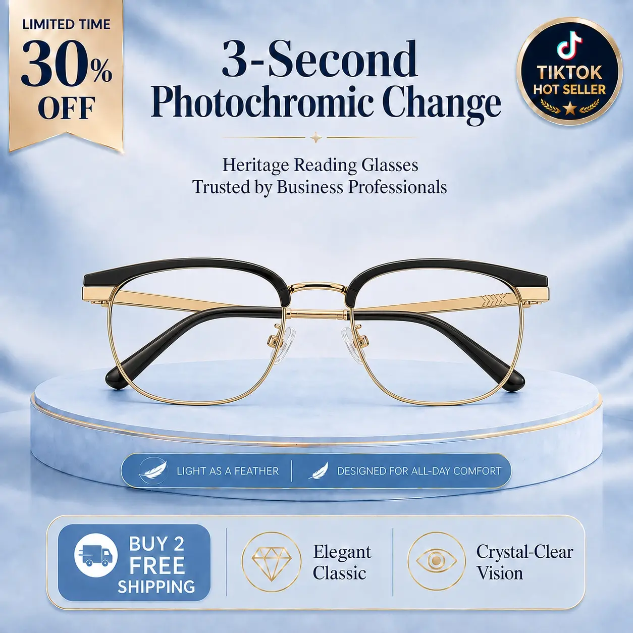 Lightweight Photochromic Reading Glasses, Gold Metal Frame, Blue Light Filter, Unisex Everyday Readers, Daily Casual Non-Prescription Readers