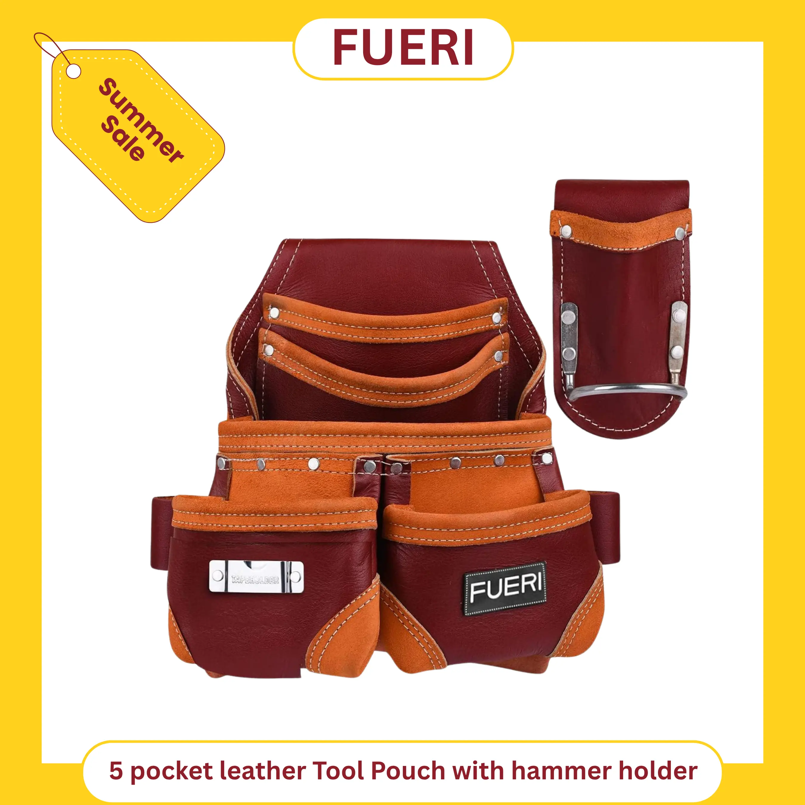 FUERI Professional 5 Pocket Leather Tool Pouch, Heavy-Duty Grain Leather Pouches with Hammer holder for electricians,Carpenters