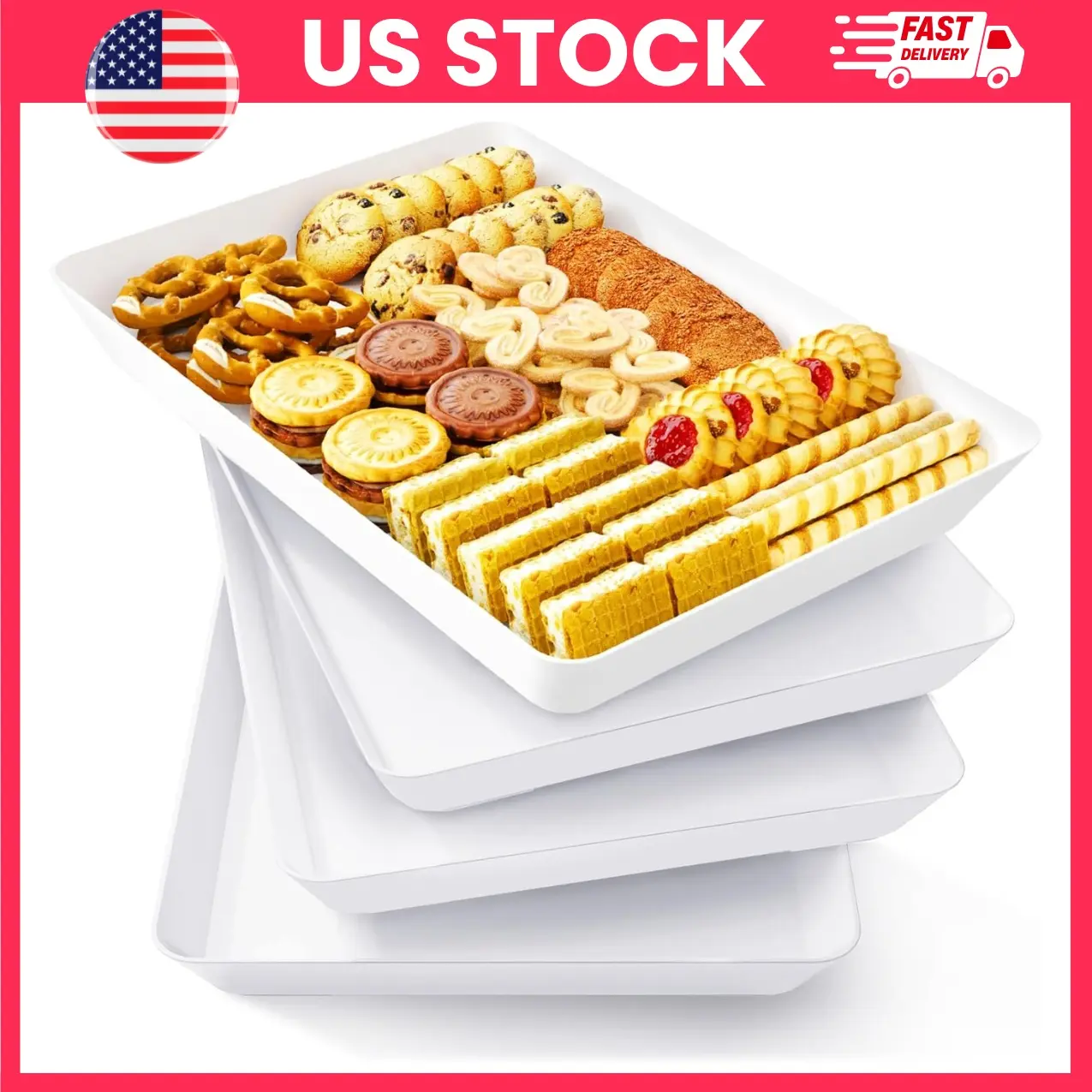 Serving Trays 4 Pack, Reusable Plastic Food Serving Platters, Rectangular BPA-Free Catering Trays for Desserts, Snacks, Fruit, Appetizers, Charcuterie, Buffets and Parties, White | snack serving tray, fruit platter, appetizer tray, buffet serving tray