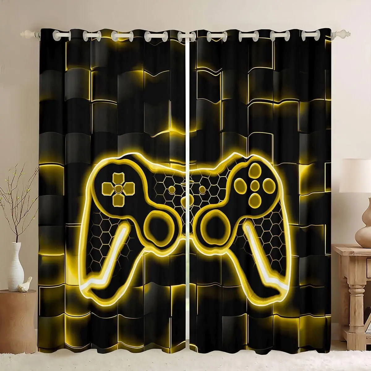 Gamer Curtains for Bedroom Living Room (2 Panels ) Yellow and Black Darkening Drapes for Boys Gaming Ombre Blackout Curtains Geometric Square Window Treatments