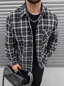 Men's Plaid Flannel Shirt Jacket, Minimalist Long Sleeve Button Front Coat, Warm Loose Fit Casual Wear, Ideal Christmas Gift, Button Up Shirt