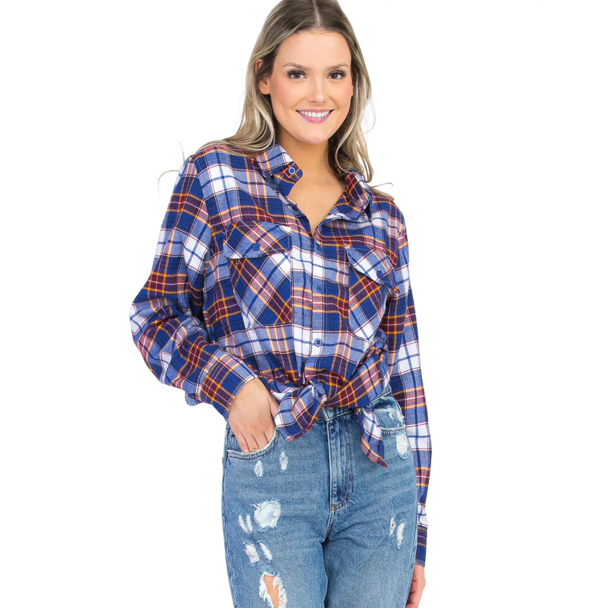 Women's Loose-Fit Button Up Pocket Flannel in Trident