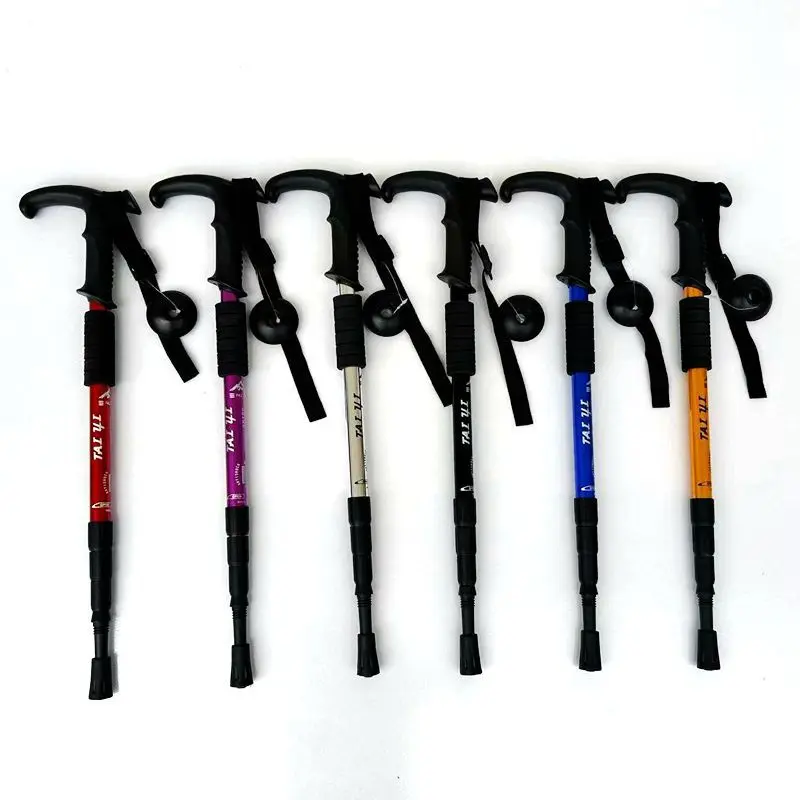 Shock-absorbing high-strength mountaineering poles, ultra-light aluminum alloy, four-section curved handle, straight handle telescopic crutches
