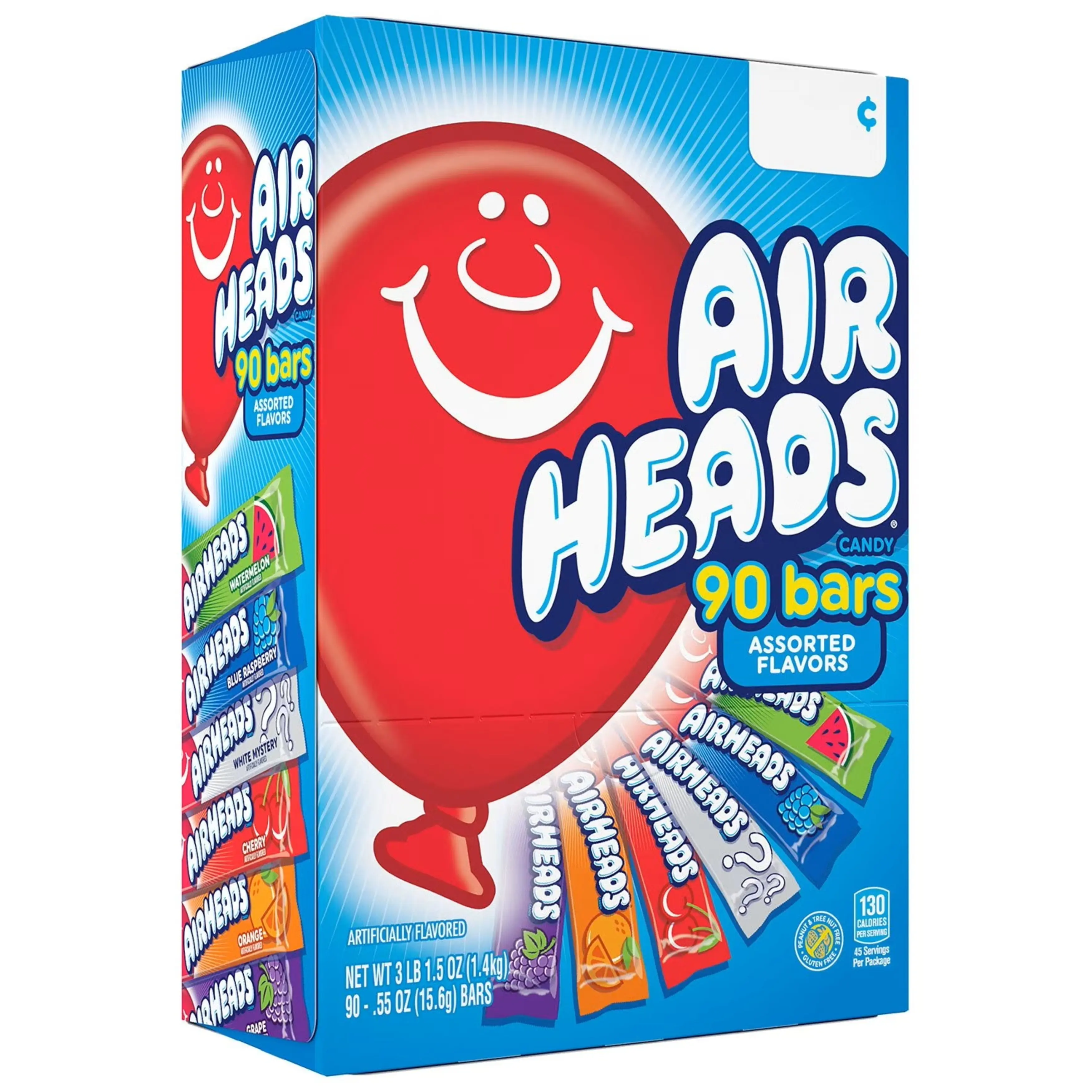 AirHeads Variety Pack Chewable Novelty Candy - 0.55 oz Low-Calorie Sweet Treat, 90 Bars with Built-In Play Value, Display Box for Candy Lovers