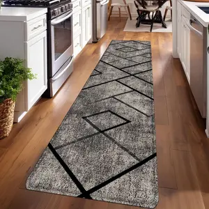 1PC, Black and Gray Diamond Geometric Pattern strip rugs, Modern abstract rug, home décor, bathroom mats, entryway mats, bathroom non-slip mats, bedroom bedside mats, kitchen mats, hallway rugs, flannel sponge rugs, Decorative Rug