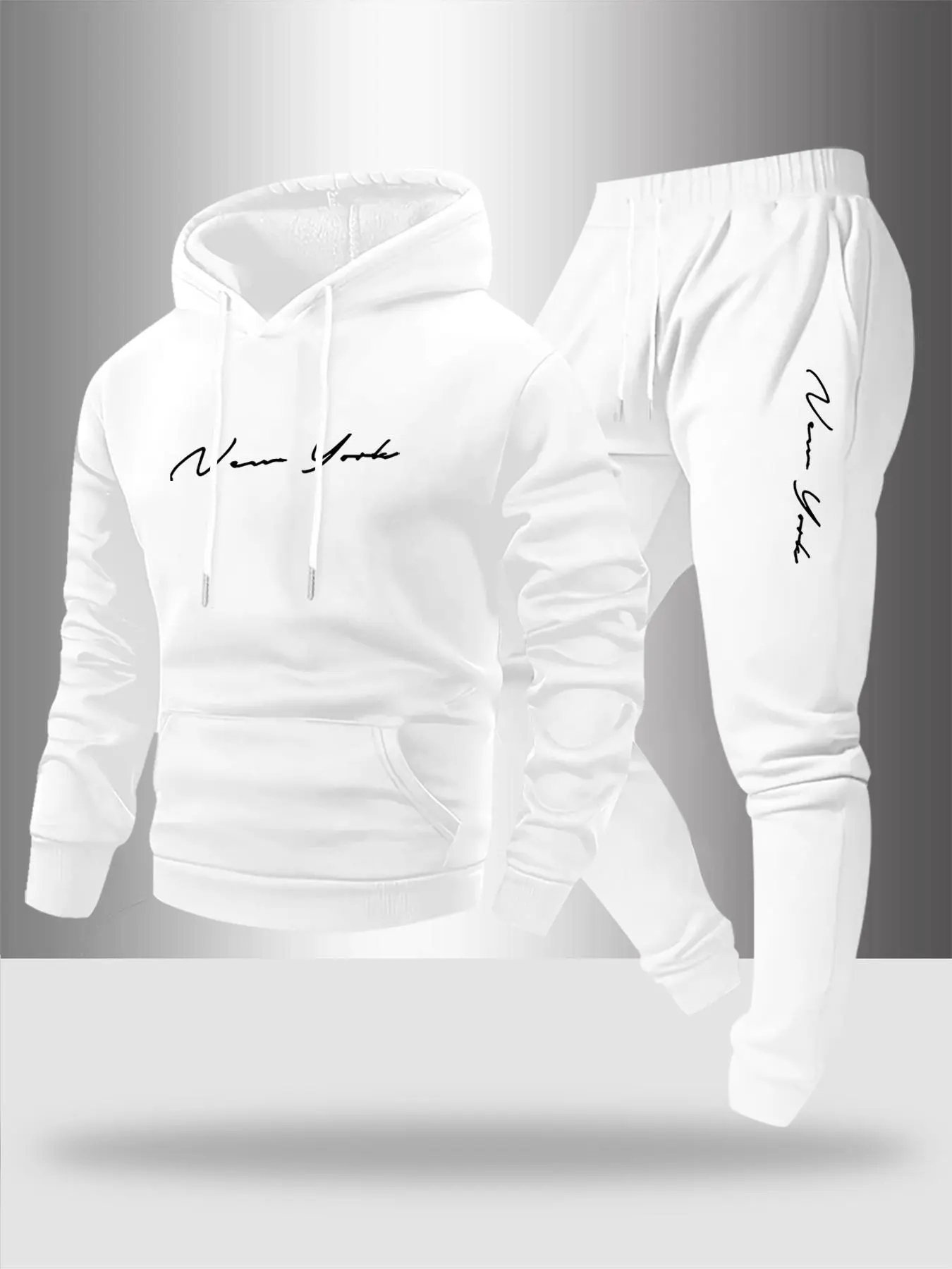 Men's Fall Winter Casual Sportswear Set, Sweatsuit with Pockets, Fashion Artistic Letter Print Hoodie & Drawstring Pants, Comfortable Warm Two-Piece, Casual Sweatsuits