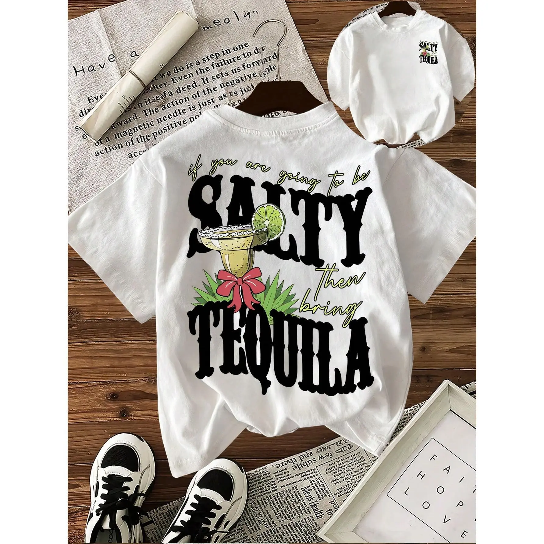 Women's Retro Western Coquette Graphic T-Shirt - Salty Bring Tequila Print, Double-Sided, Short-Sleeve, Round Neck, Comfortable Fabric, Everyday Streetwear, Casual Birthday Top, Plus Size Womenswear, Trendy, Sweatpants, Cotton Fabric