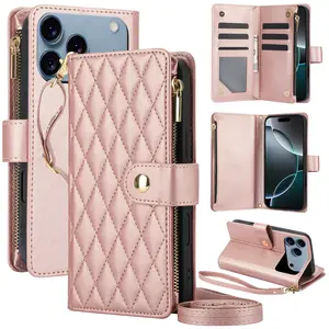 Leather Flip Cover Crossbody Bag Wallet Protection + Wrist Strap + Long Shoulder Strap for iPhone 17 16 15 14 13 12 11 Pro Max Plus Air