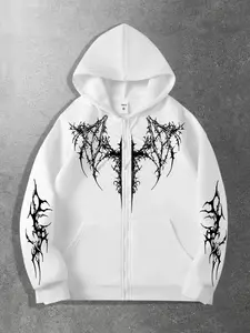 Original Geometric Print Zip Hoodie, College Dark Style, Fitted Streetwear, Casual Fashion for Spring & Fall, Unisex Design