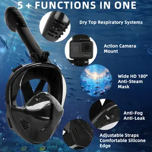 Snorkeling Mask with Side Breathing System 180 Degree Panoramic View Full Face Diving Mask Detachable Action Camera Mount Anti Fog Anti Leak Dry Snorkel Professional Grade Comfort Fit Underwater Gear(Black)
