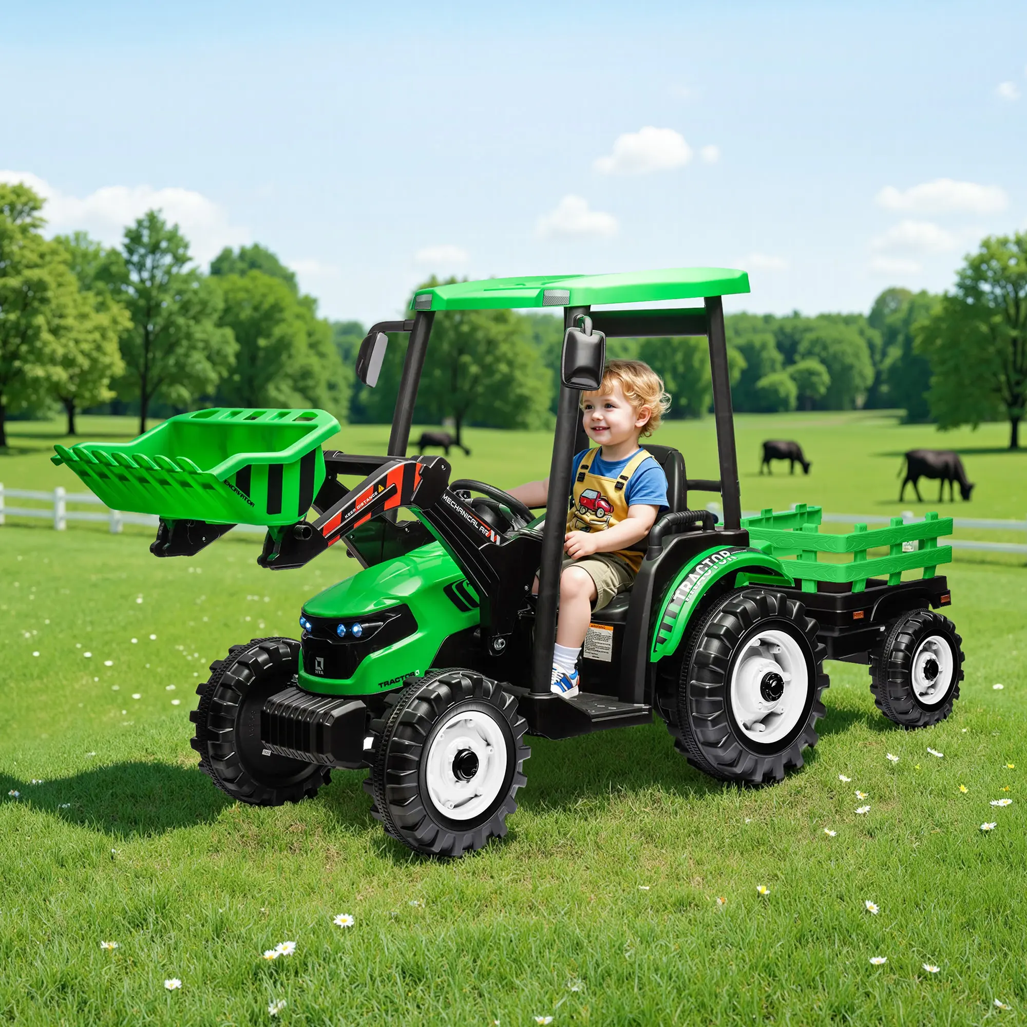 [Summerwins]VanAcc 24V Ride on Tractor for Kids with Trailer & Front Loader, 3-in-1 Electric Construction Vehicle, Dual Motors, All-Terrain Wheels, LED Lights, Outdoor Gift for Boys Girls Ages 3-8