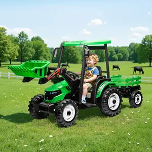 VanAcc 24V Ride on Tractor for Kids with Trailer & Front Loader, 3-in-1 Electric Construction Vehicle, Dual Motors, All-Terrain Wheels, LED Lights, Outdoor Gift for Boys Girls Ages 3-8