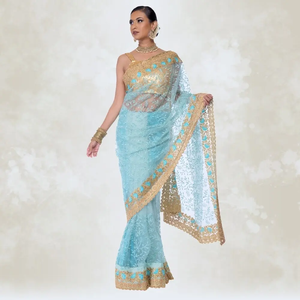Sea Green Pure net saree with heavy gold embroidery Sea Green Pure net saree with heavy gold embroidery