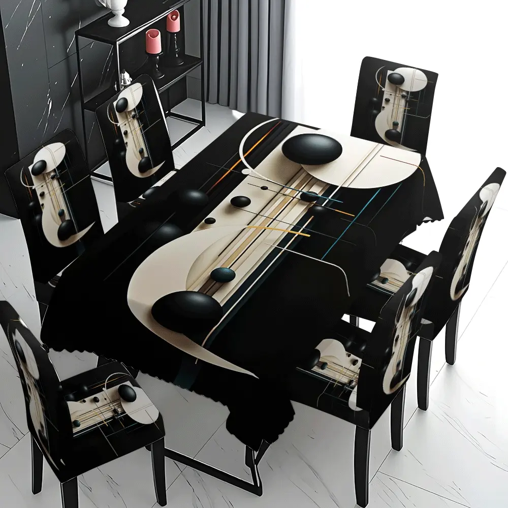 5/7 Pcs 2D Flat Black Beige 3D Geometric Abstract Print Tablecloth & Chair Cover Set, Stretch Washable Slipcover, Luxury Modern Art for Home Dining Room & Coffee Shop Decor