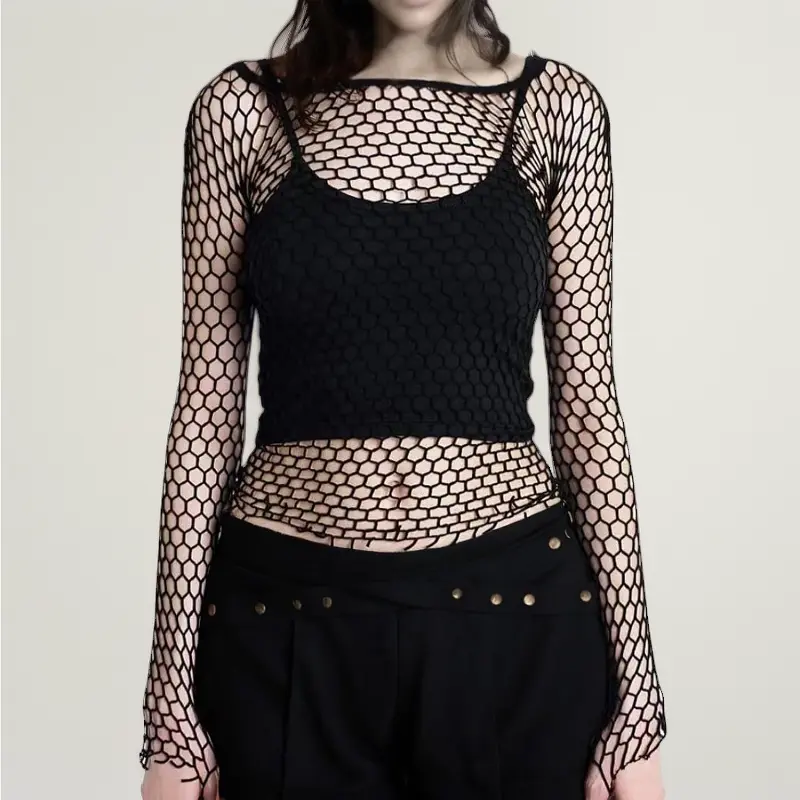 Mesh Long Sleeve Top – Tight Fitting Hex Fishnet Shirt, See Through Sheer T Shirt for Rave Women Men, Breathable Clubwear for Festival Party Dancing – Black/White