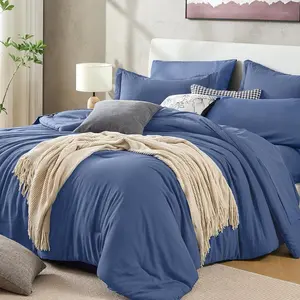 Sasttie Queen Comforter Set 7-Piece, Pre-Washed Crinkled Texture Bed in a Bag Queen with Ultra Soft Brushed Sheets, Aesthetic Fluffy Bedding Set for All Seasons, Blue
