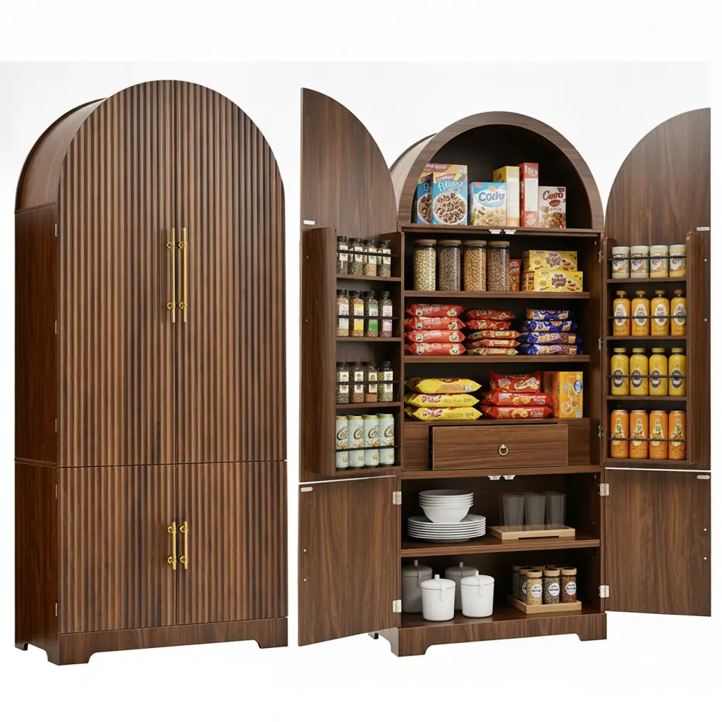 72" Tall Arched Kitchen Pantry Cabinet, Fluted‑Panel Storage Cupboard with 8 Door Shelves, 3 Adjustable Shelves & Hidden Drawer, 4‑Door Versatile Storage Cabinet for Kitchen, Dining Room & Bathroom,Brown