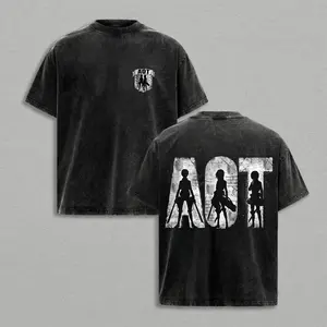 Washed T-shirt with Attack on Titan black print, unisex casual crew neck short-sleeve top featuring silhouette patterns of the three main characters from Attack on Titan, trendy and versatile shirt with outdoor streetwear style