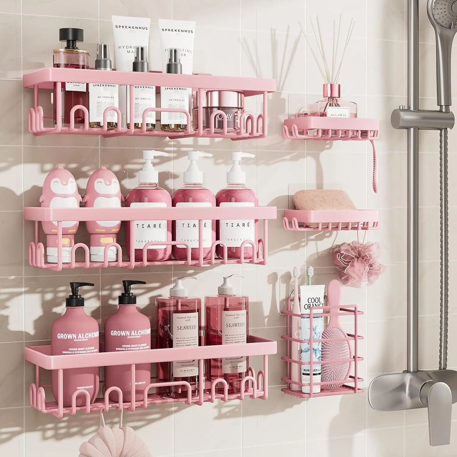 6-Pack Stainless Steel Shower Caddies with Shelves - Drill-Free Self-Adhesive Shower Organizer, Quick-Dry Rustproof Modern Bathroom Accessories, Jabukosu