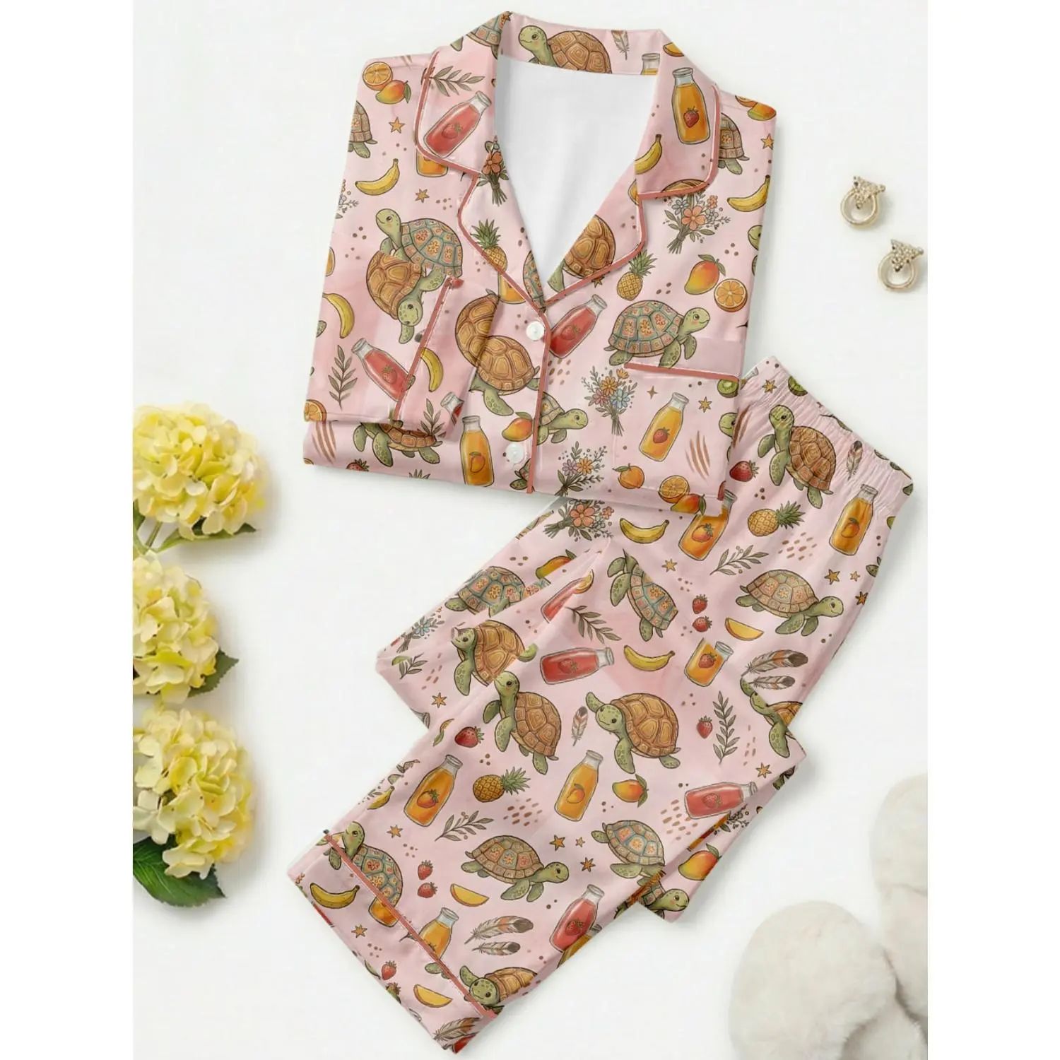 Women's Peach Blossom Pink Pajama Set with Turtle & Fruit Print | Long Sleeve Button-Up Top and Pants, Soft & Cozy Sleepwear for Home, Available in S-XXL