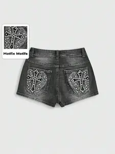 Women's Punk Style Harajuku Summer Vintage Cross Embroidered Rhinestone Ultra Low Waist Denim Shorts, College Wind Fashion, Chic Casual Shorts