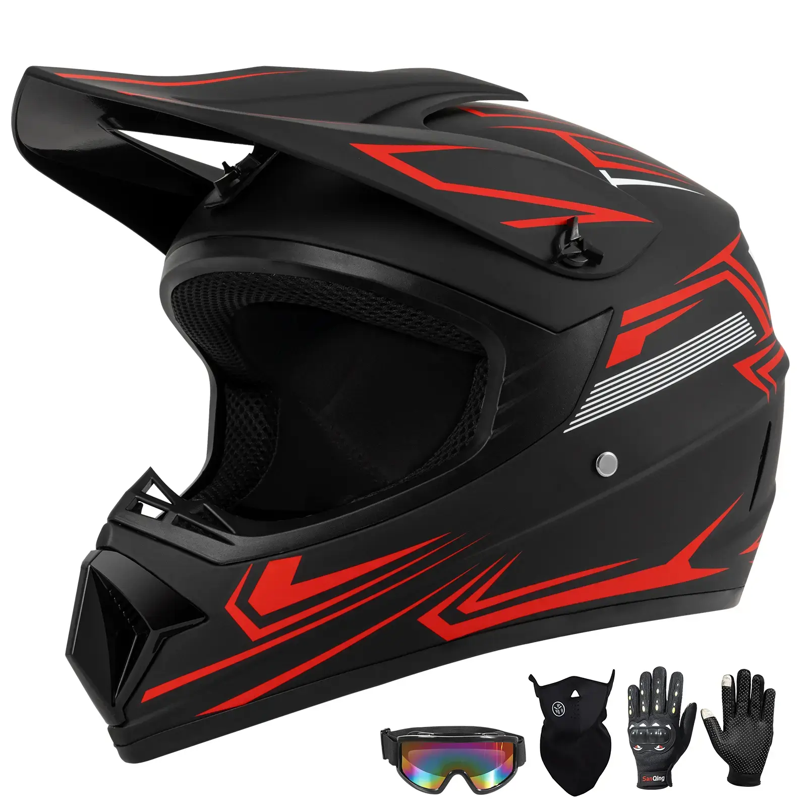 Youth & Adult Motocross Helmet - DOT Approved |   Off-Road ATV Dirt Bike BMX Full Face Helmet w/ Goggles, Gloves & Mask