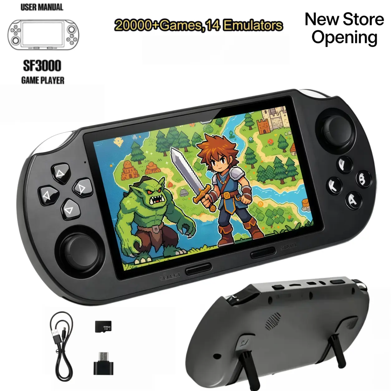 The SF3000 portable retro handheld game console boasts over 20,000 games, supports 16GB TF cards, and supports e-book/music/video playback/emergency phone charging. It also features internal storage and a dual-core processor.