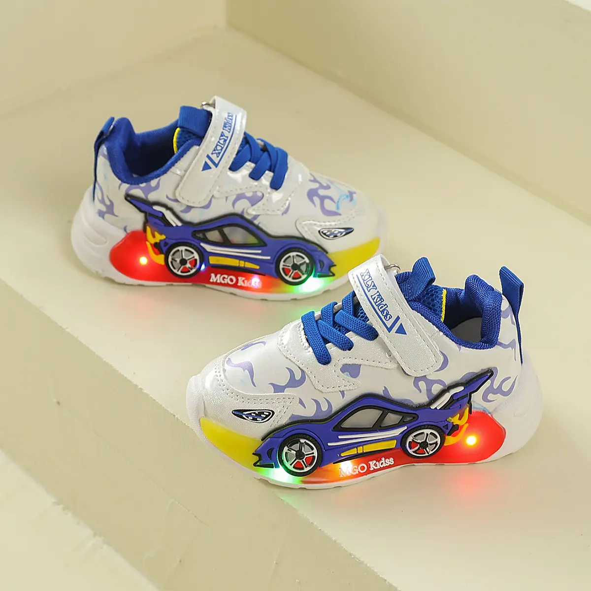 Boys' Back to School Cartoon Race Car LED Light-Up Casual Trendy Trainers - Soft Non-Slip Sole Trainer Sneakers, Child Size for Toddler Kids Daily School & Outdoor Wear
