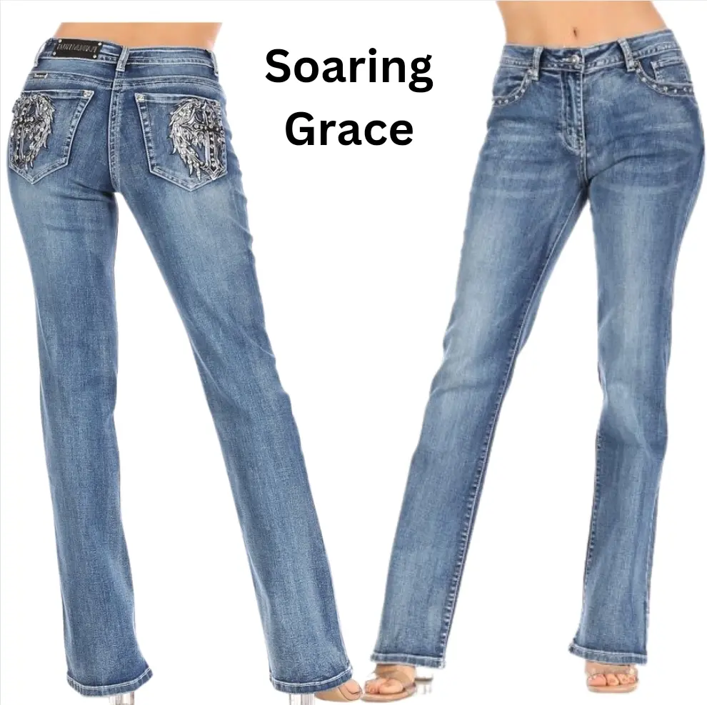 ANGEL WING McBling Jeans Y2k Rhinestone Stretch Bootcut Denim Comfort Rock midwaist Embroidery Style Fitted Statement Womenswear Bottom Streetwear