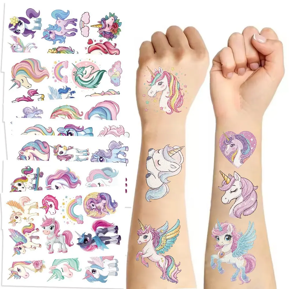 Cartoon Unicorn Series Magical Glitter Tattoo Stickers Waterproof Kids Party Favors, Fun and Quirky Gift for Children, Kid Tattoos, Flat Sticker Type