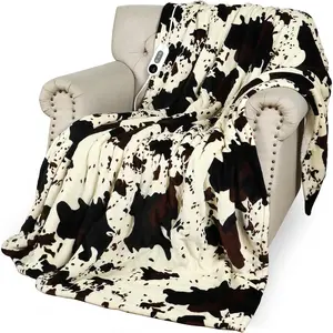 Heated Twin Blanket 60"x80" Cow Print Electric Heating Blanket Cozy Soft Flannel Sherpa with 9 Heat Levels & 2/4/8/12H Auto-Off