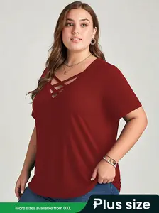 Plus Size Women's Top Casual Style V Neck Cross Short Sleeve T-Shirt Tee, Elastic Stretchy Comfortable Fit, Perfect for Daily Wear & Everyday & Summer