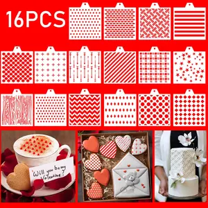 16-Piece Cookie Stencil Set, Geometric & Textured Patterns, Pet Food-Grade Material, Cake Decoration Templates for Weddings Birthdays Parties, Pastry Decorating Tools, Pastry Decorative Kit