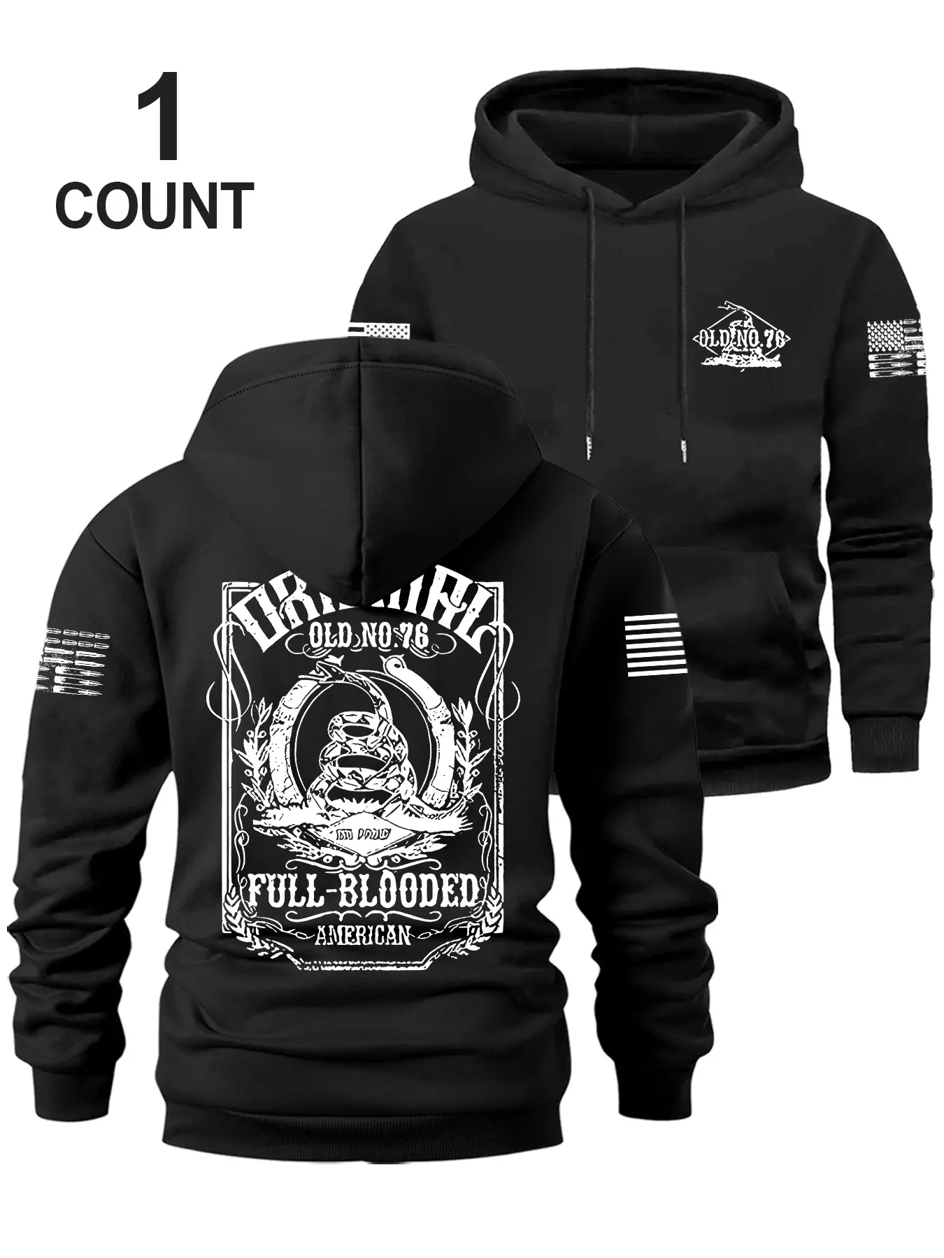 Men's Winter Hooded Sweatshirt with Flag Print, Chest Pocket & Drawstring, Long Sleeve Loose Fit Casual Wear for Outdoor Activities, Graphic Print Hoodie